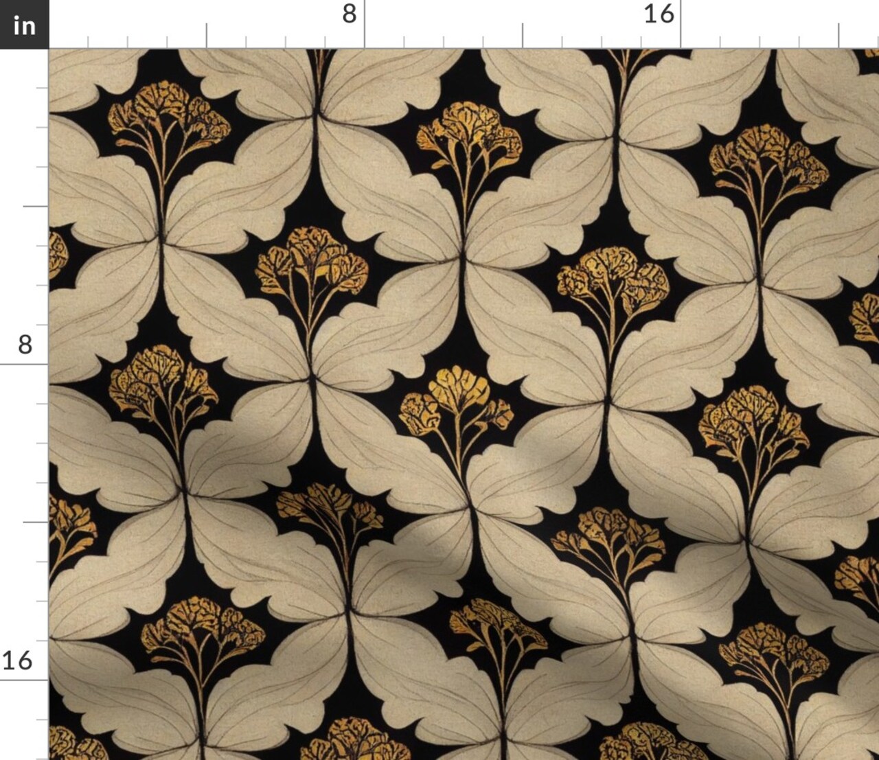 Victorian Flowers Art Nouveau Moody Botanical Art Deco William Morris Inspired Leaves Black Beige Custom Printed Fabric by Spoonflower Various Fabrics by the Yard or Fat Quarter